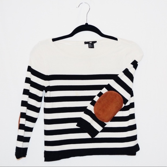 H&M black & cream stripe sweater w/ elbow patches - Picture 3 of 3